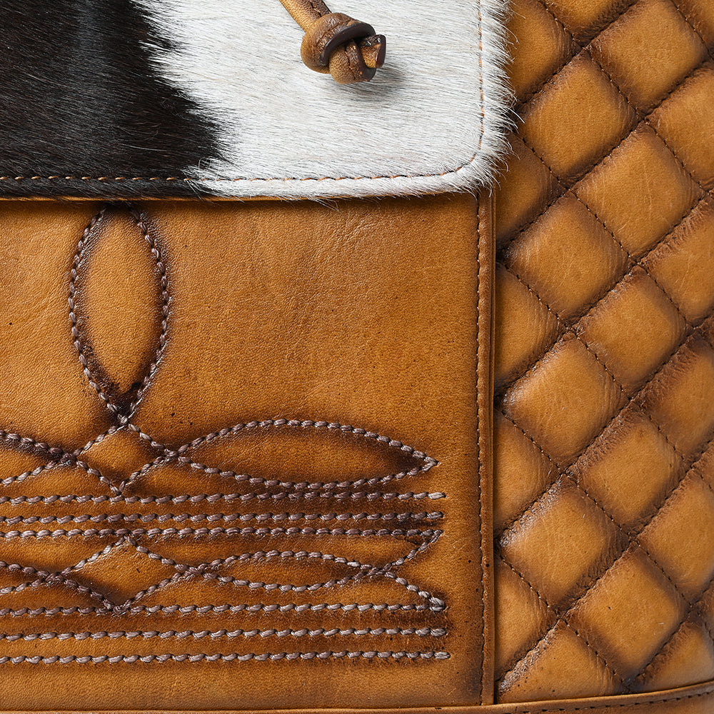ADBGM536 Quilted Leather & Cowhide Western Backpack - Handcrafted Drawstring Rodeo Bag