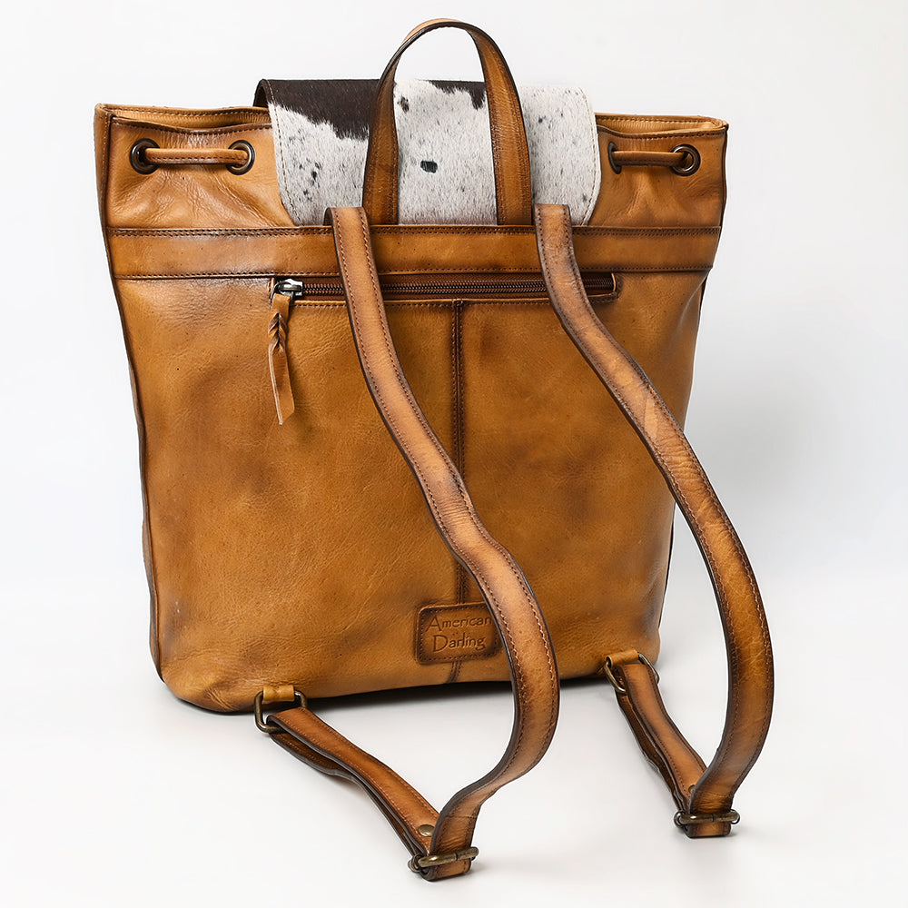ADBGM536 Quilted Leather & Cowhide Western Backpack - Handcrafted Drawstring Rodeo Bag