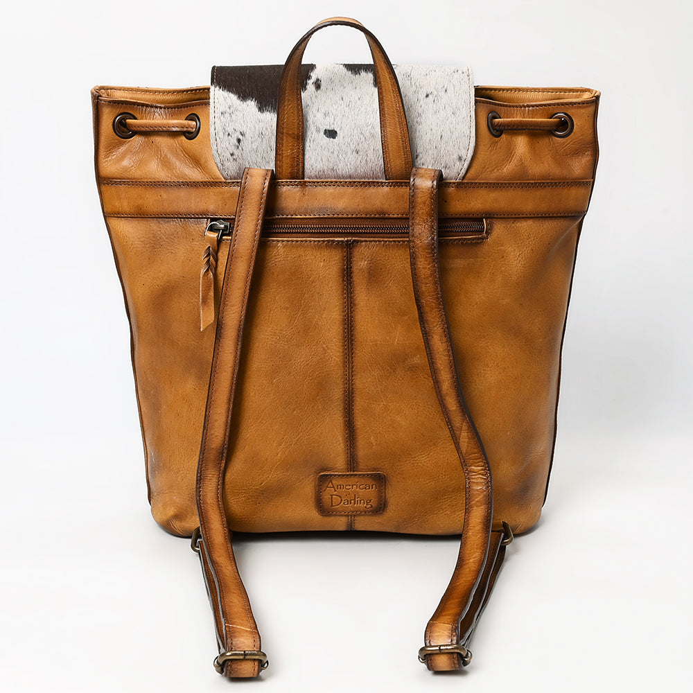 ADBGM536 Quilted Leather & Cowhide Western Backpack - Handcrafted Drawstring Rodeo Bag