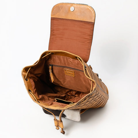 ADBGM536 Quilted Leather & Cowhide Western Backpack - Handcrafted Drawstring Rodeo Bag