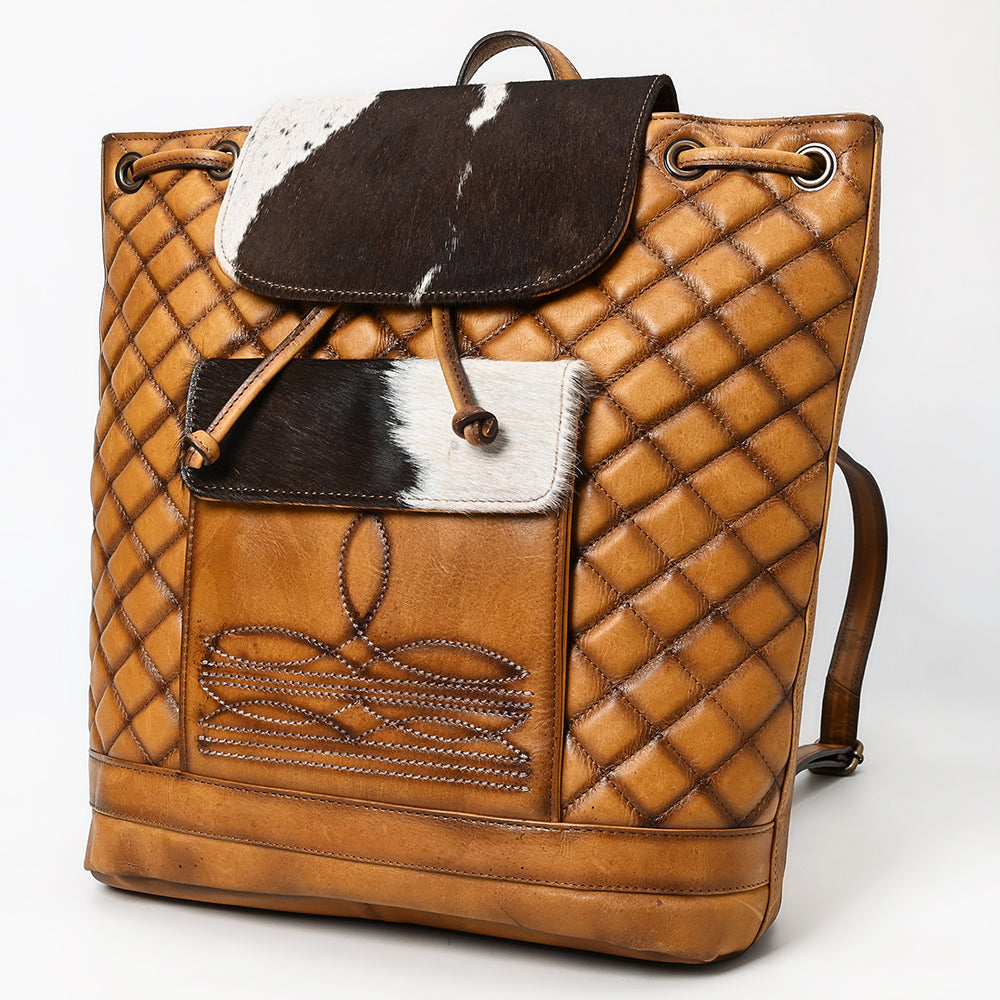 ADBGM536 Quilted Leather & Cowhide Western Backpack - Handcrafted Drawstring Rodeo Bag