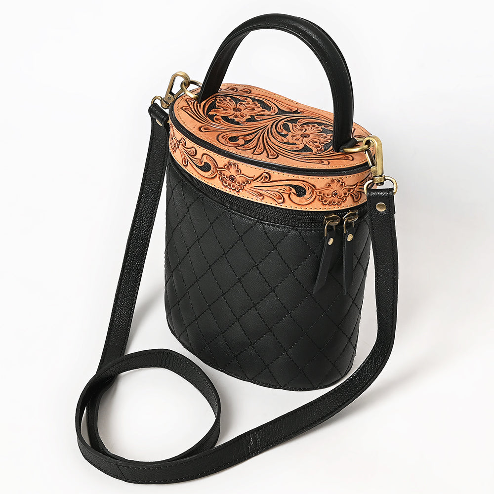 ADBGA698 Black Quilted Barrel Crossbody Bag with Tooled Floral Leather Top