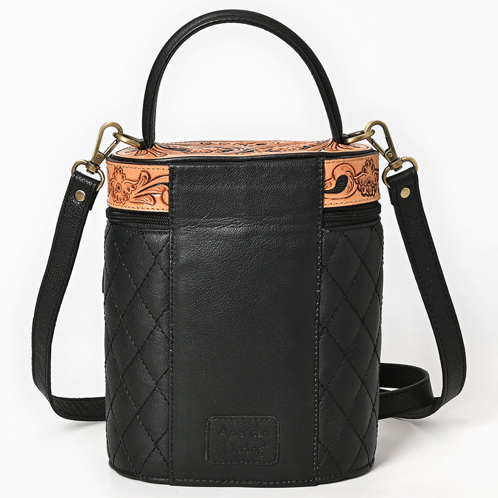 ADBGA698 Black Quilted Barrel Crossbody Bag with Tooled Floral Leather Top
