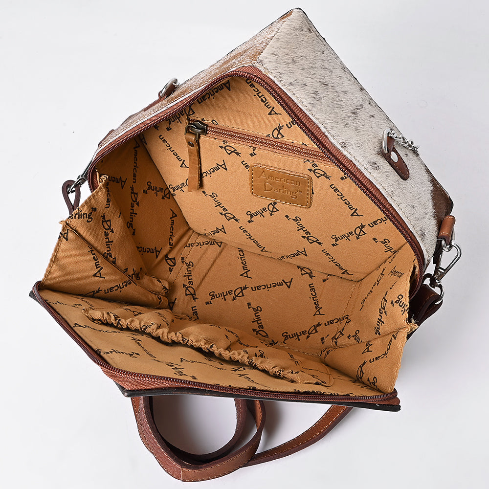 ADBGA701 Western Hexagon Cowhide Crossbody Bag with Floral Hand-Tooled Leather