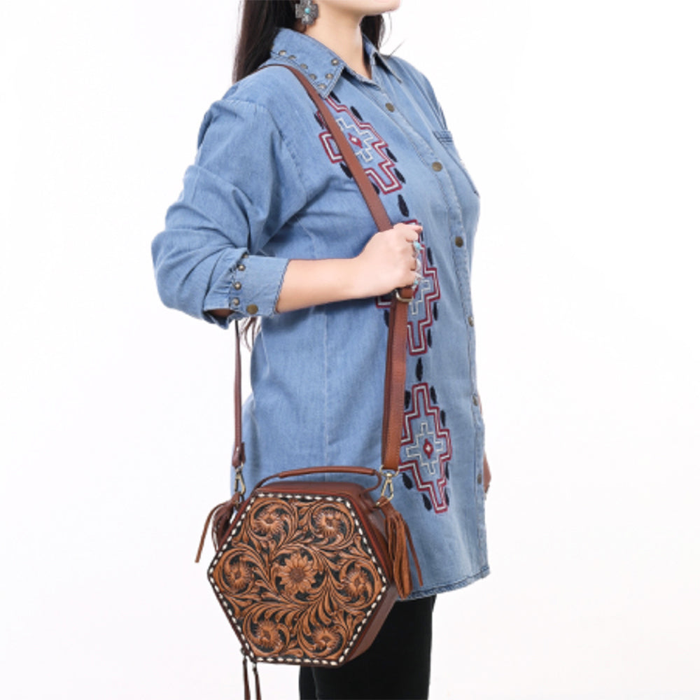 ADBGA702 Western Hexagon Hand-Tooled Leather Crossbody Bag with Floral Carving & Tassels