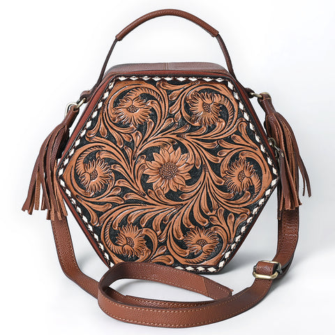 American Darling Western Hexagon Tooled Leather Canteen Bag with Floral Carving & Tassels