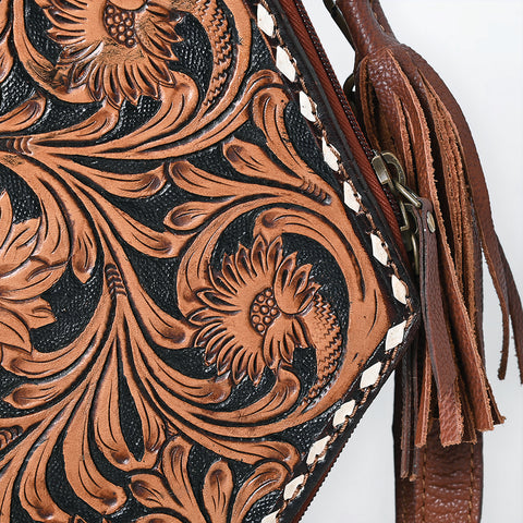 American Darling Western Hexagon Tooled Leather Canteen Bag with Floral Carving & Tassels
