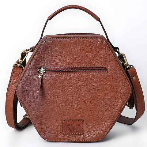 American Darling Western Hexagon Tooled Leather Canteen Bag with Floral Carving & Tassels