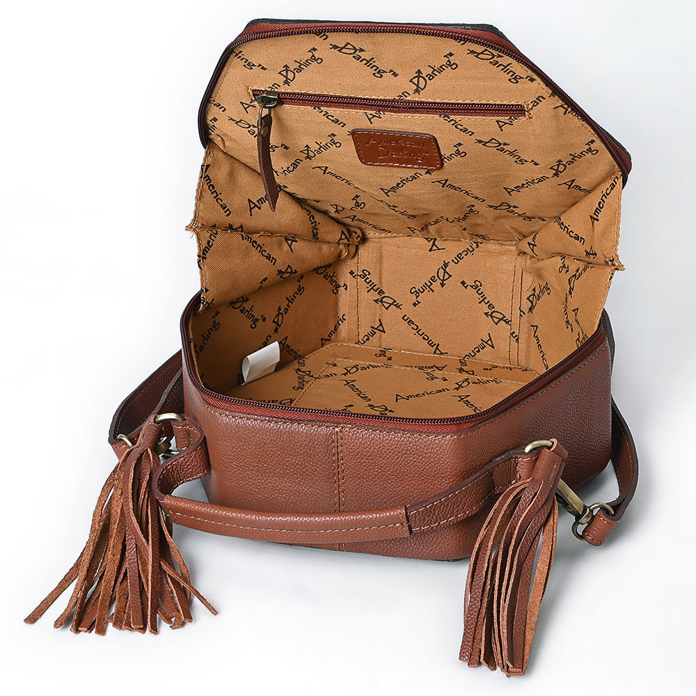 ADBGA702 Western Hexagon Hand-Tooled Leather Crossbody Bag with Floral Carving & Tassels