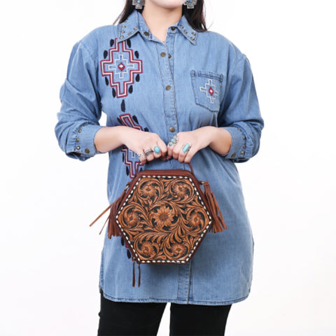 American Darling Western Hexagon Tooled Leather Canteen Bag with Floral Carving & Tassels
