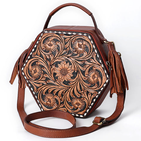 American Darling Western Hexagon Tooled Leather Canteen Bag with Floral Carving & Tassels