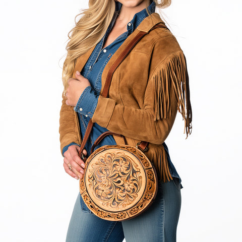 American Darling Round Western Tooled Leather Canteen Bag - Floral Hand-Carved Design