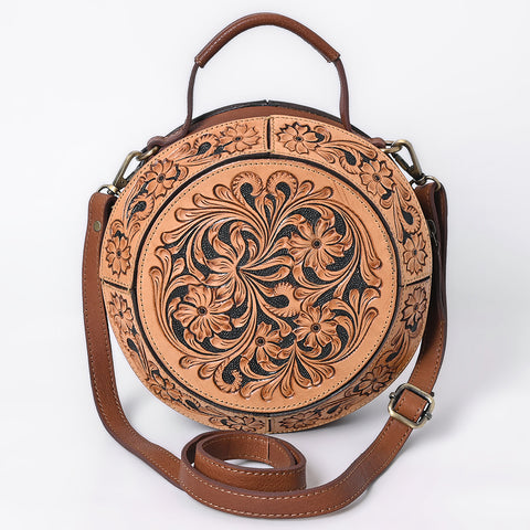 American Darling Round Western Tooled Leather Canteen Bag - Floral Hand-Carved Design