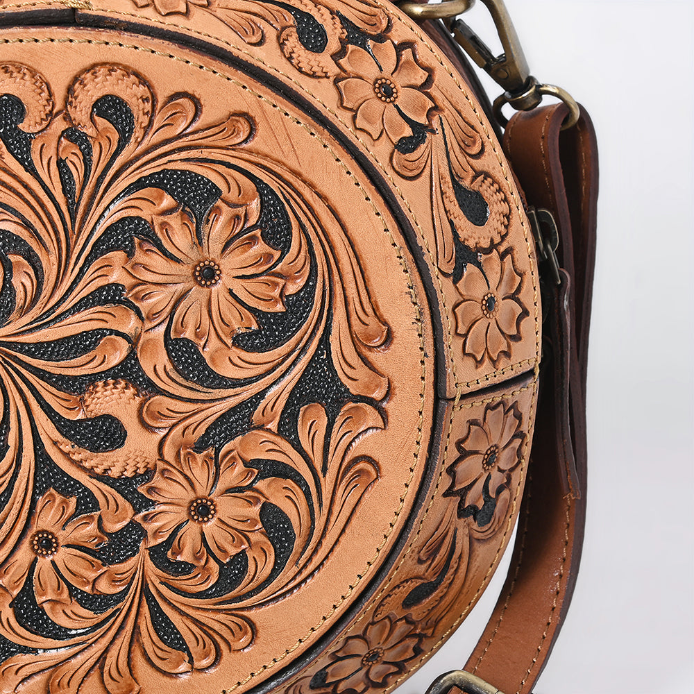 ADBGA705 Round Western Tooled Leather Crossbody Bag - Floral Hand-Carved Design