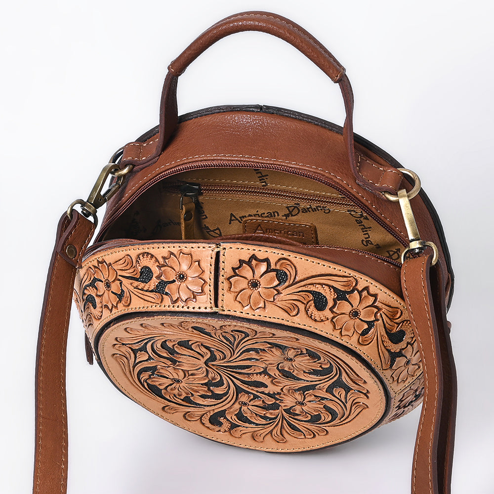 ADBGA705 Round Western Tooled Leather Crossbody Bag - Floral Hand-Carved Design