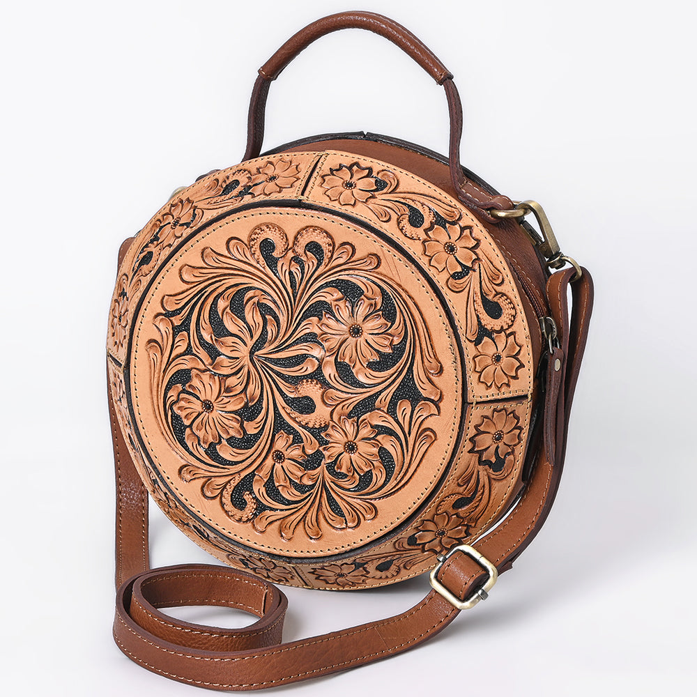 ADBGA705 Round Western Tooled Leather Crossbody Bag - Floral Hand-Carved Design
