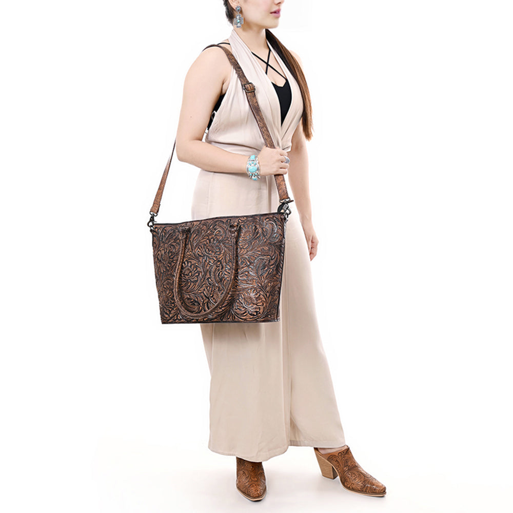 ADBG1519 Floral Embossed Leather Tote Bag - Western Crossbody & Shoulder Style
