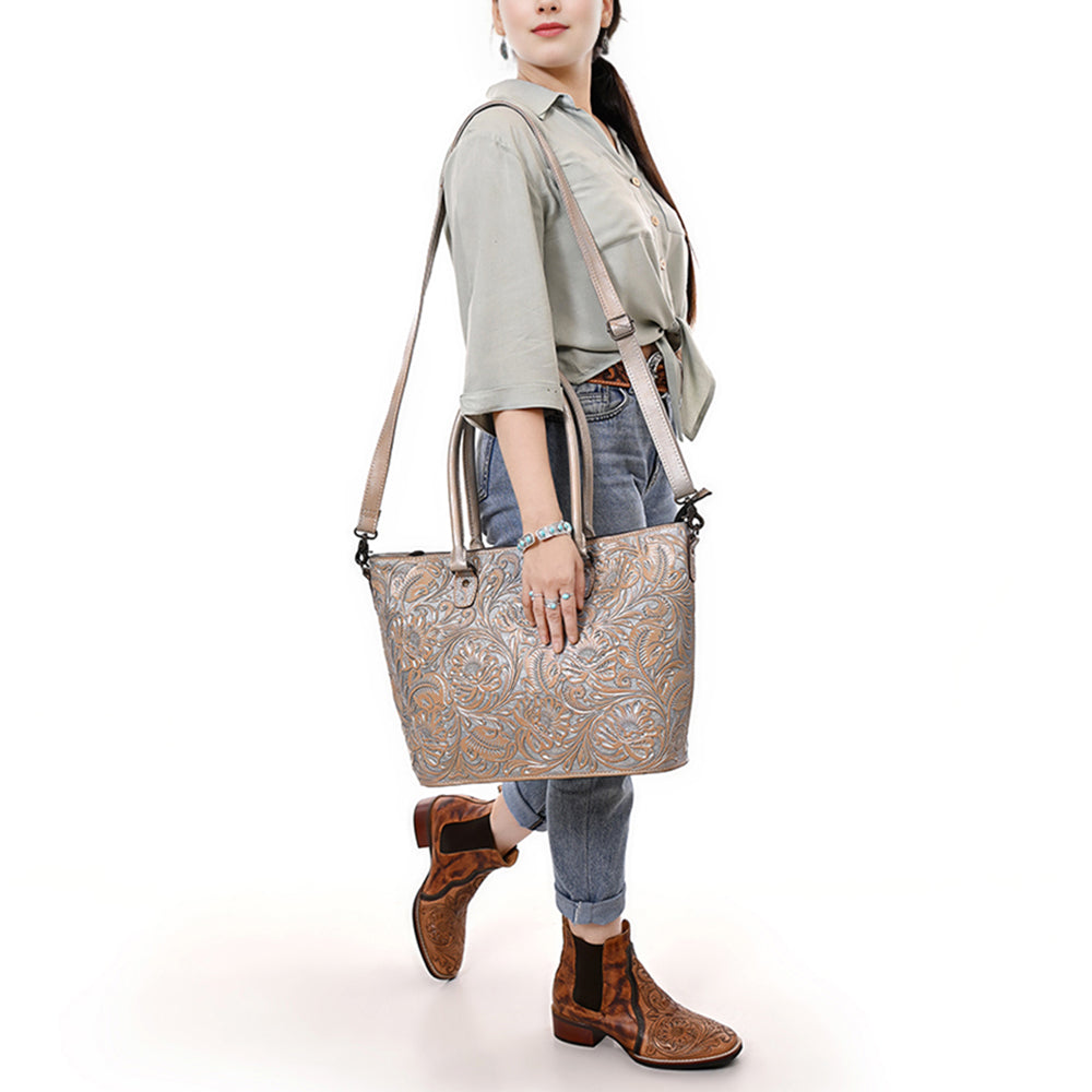 ADBG1519 Floral Embossed Leather Tote Bag - Western Crossbody & Shoulder Style