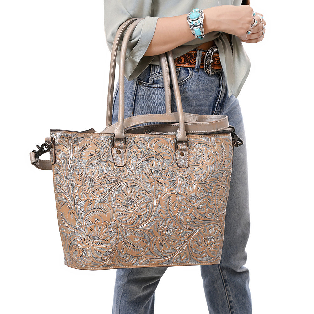 ADBG1519 Floral Embossed Leather Tote Bag - Western Crossbody & Shoulder Style