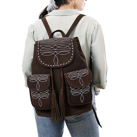 American Darling Western Genuine Suede Leather Backpack Bag with Buck Stitching & Tassel Accents