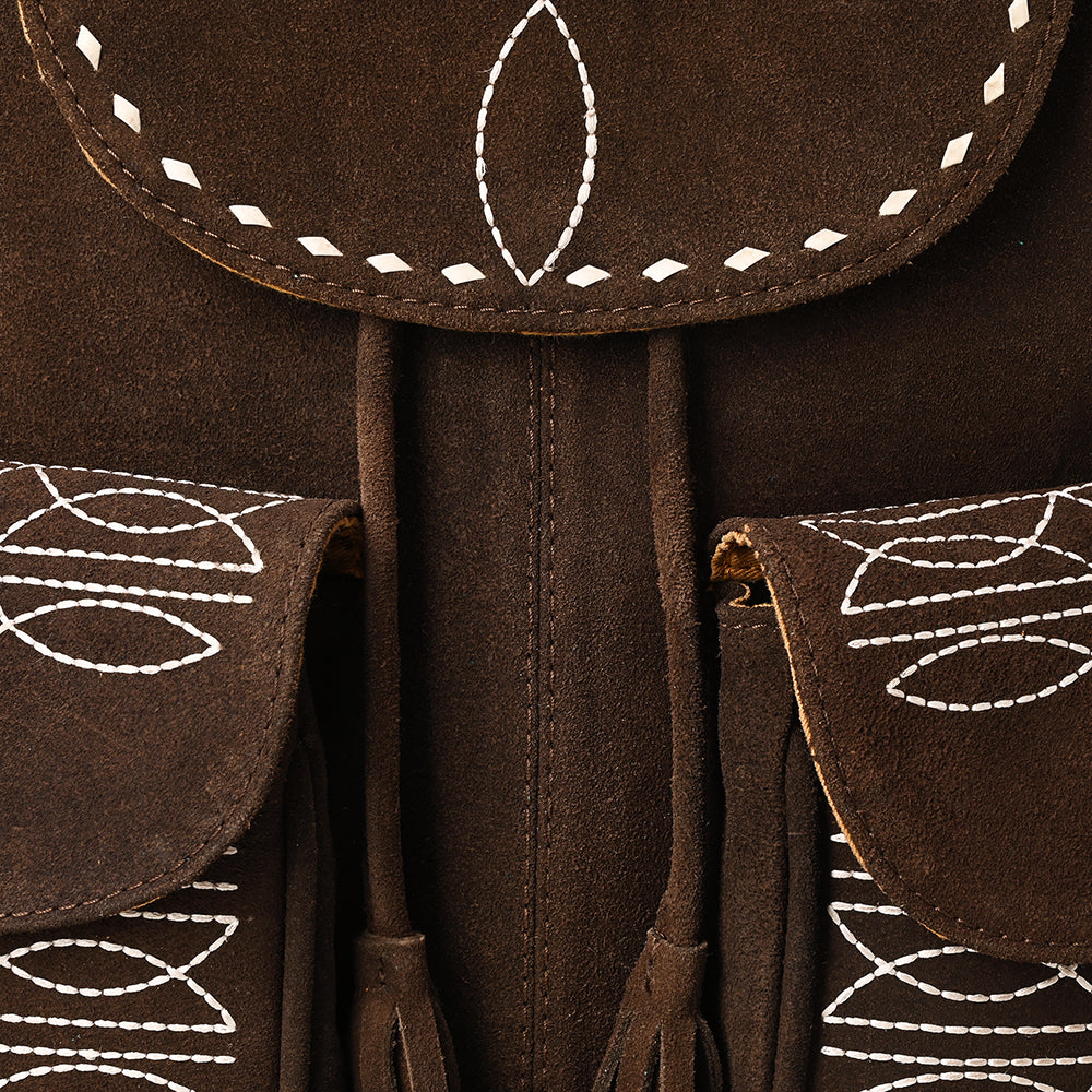 ADBG1640 Brown Genuine suede Embroidered Backpack with Dual Front Pockets and Tassel Drawstring