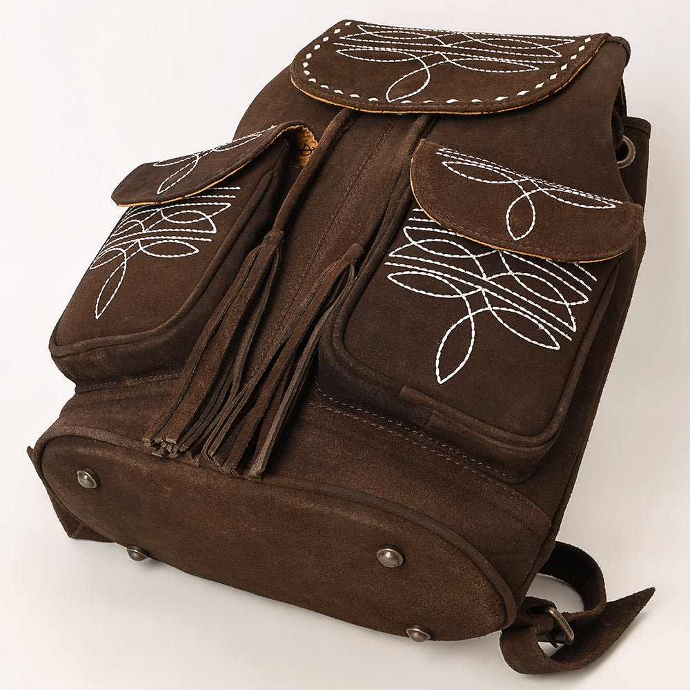 ADBG1640 Brown Genuine suede Embroidered Backpack with Dual Front Pockets and Tassel Drawstring