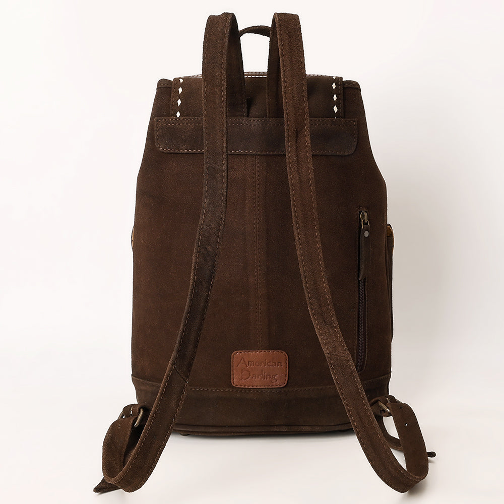 ADBG1640 Brown Genuine suede Embroidered Backpack with Dual Front Pockets and Tassel Drawstring