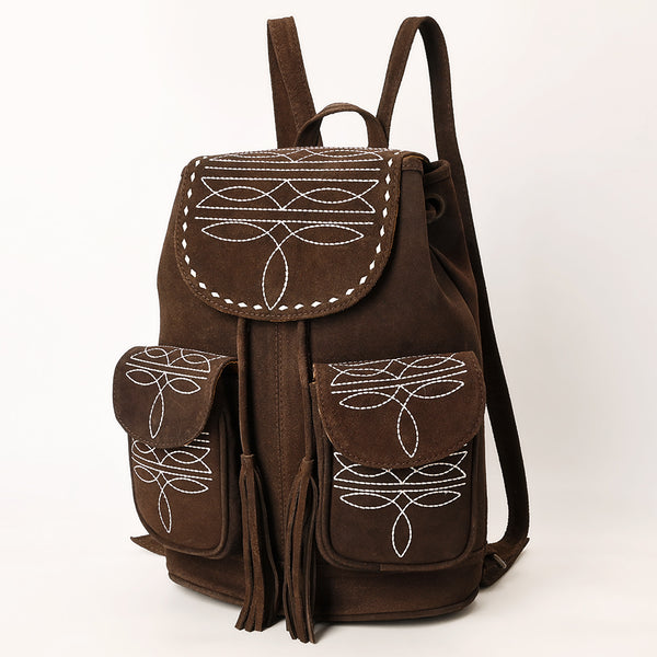 ADBG1640 Brown Suede Embroidered Backpack with Dual Front Pockets and Tassel Drawstring