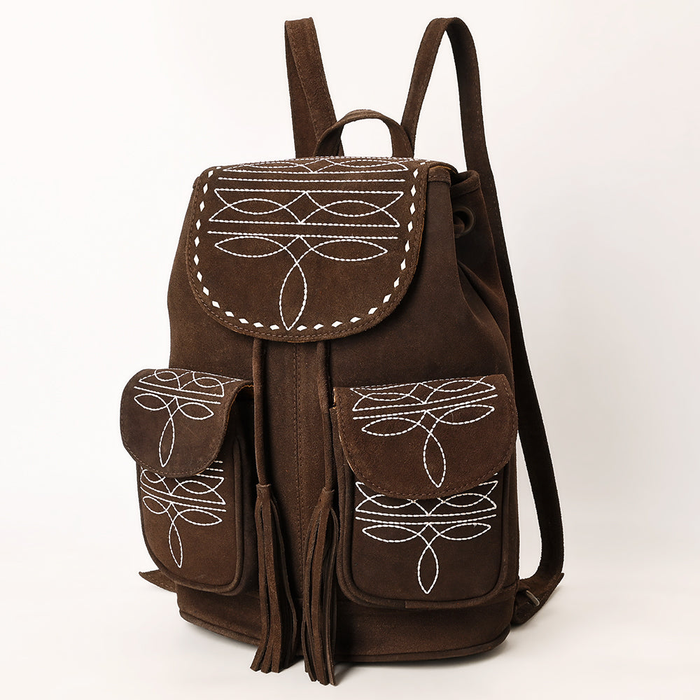 ADBG1640 Brown Genuine suede Embroidered Backpack with Dual Front Pockets and Tassel Drawstring