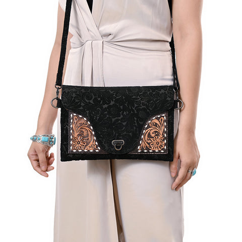 American Darling Western Leather Small Cross Body Bag with Damascus Hand-Tooled Floral Accents