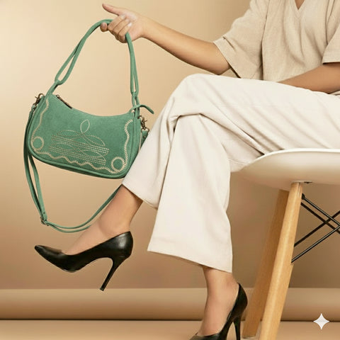 Genuine suede Western Crossbody Bag with Contrast Stitching & Dual Strap Design
