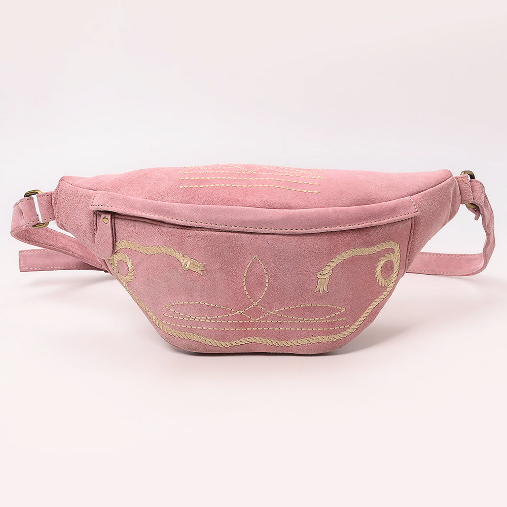 ADBGA668 Western Pink Suede Belt Bag with Rope Embroidery-Rodeo Waist Pack