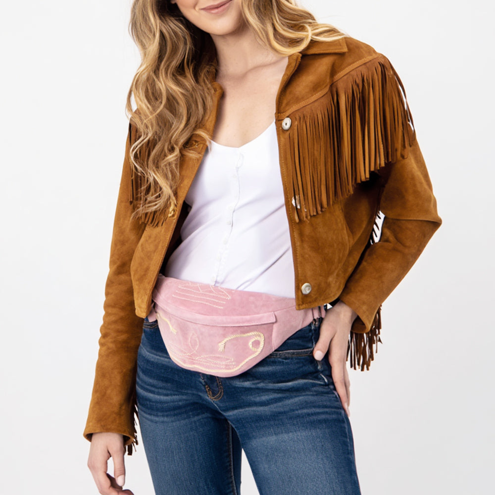 ADBGA668 Western Genuine suede Belt Bag with Rope Embroidery-Rodeo Waist Pack