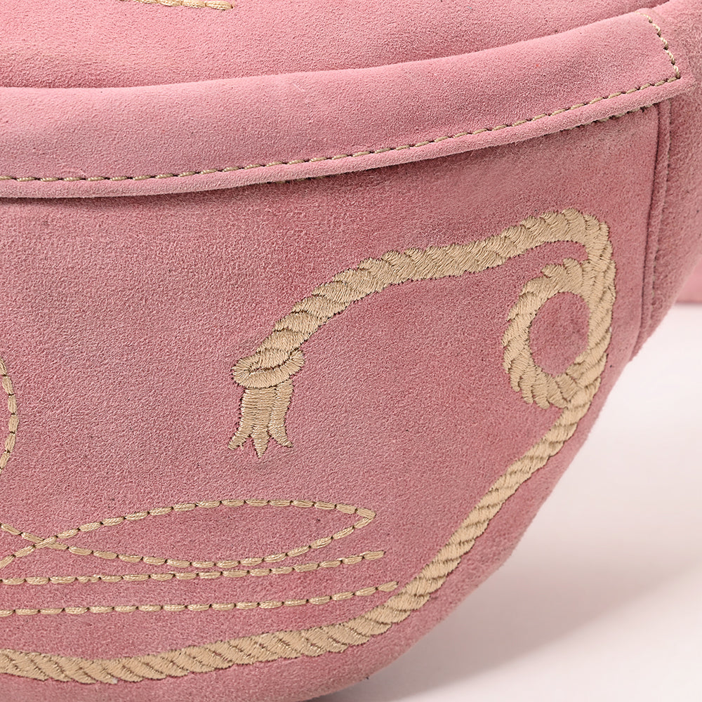 ADBGA668 Western Pink Suede Belt Bag with Rope Embroidery-Rodeo Waist Pack