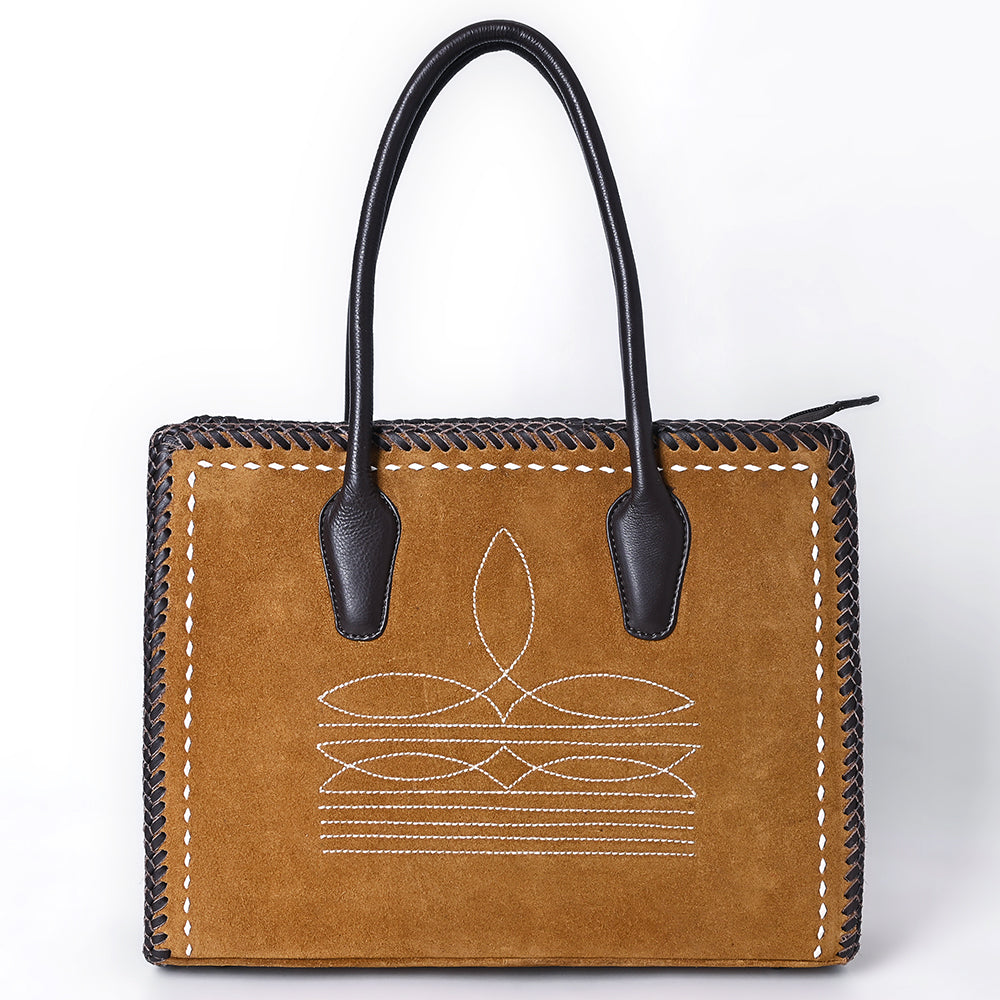 ADBGM484 Genuine suede Western Tote - White Stitch Detail with Braided Trim & Black Leather Handles
