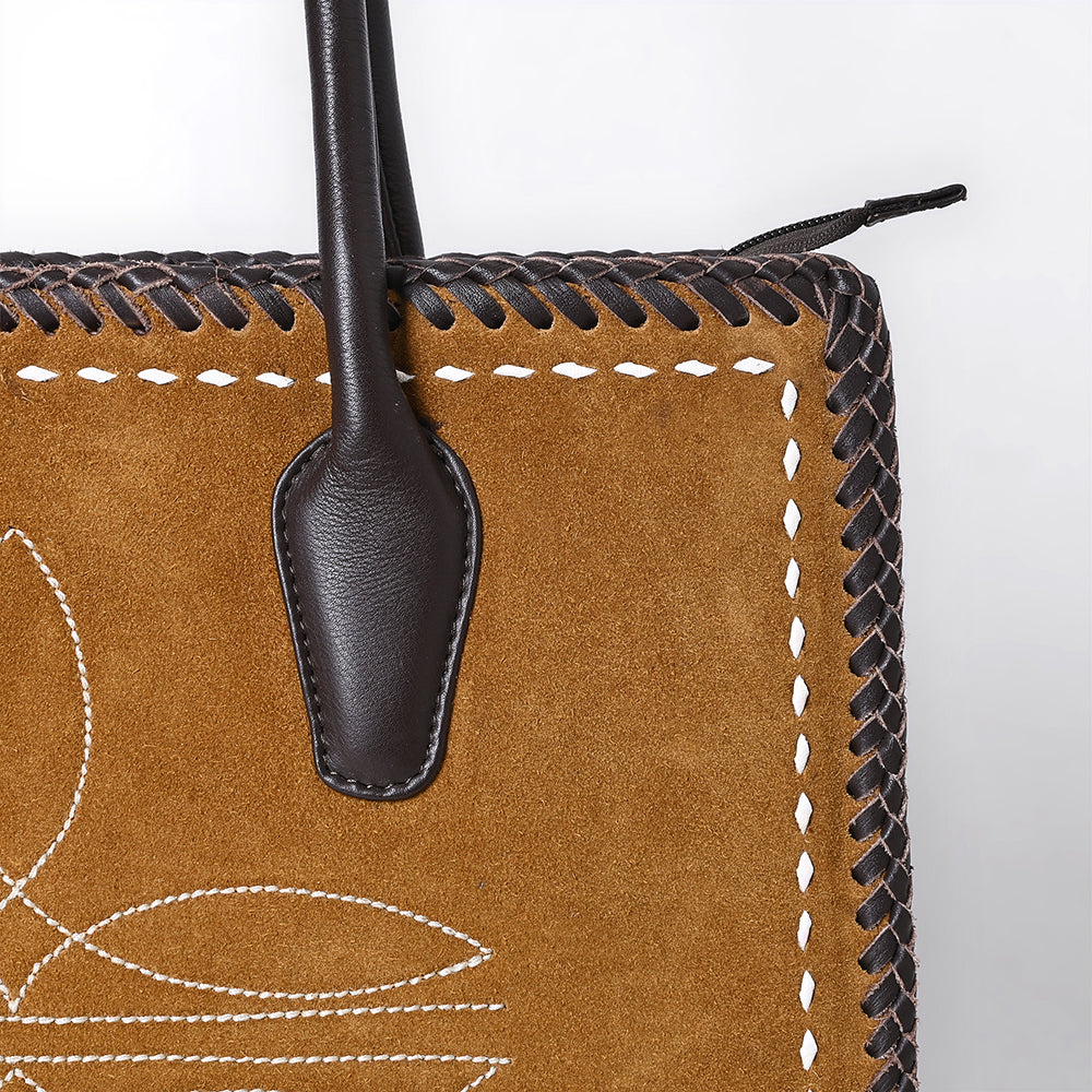 ADBGM484 Genuine suede Western Tote - White Stitch Detail with Braided Trim & Black Leather Handles