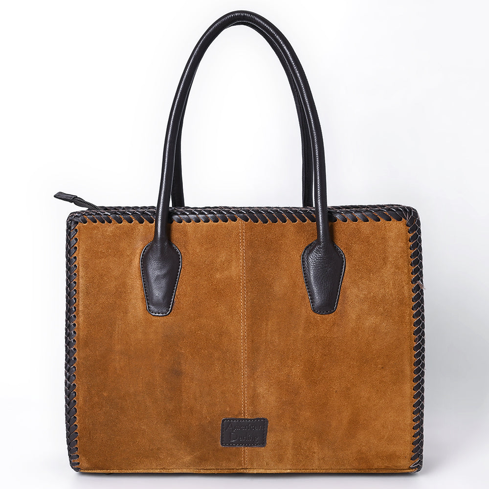 ADBGM484 Genuine suede Western Tote - White Stitch Detail with Braided Trim & Black Leather Handles