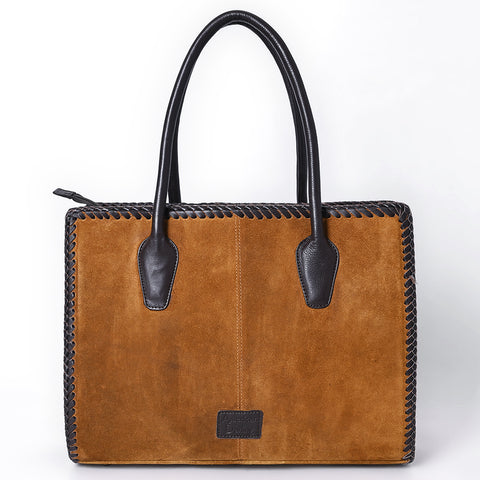 ADBGM484 Genuine suede Western Tote - White Stitch Detail with Braided Trim & Black Leather Handles