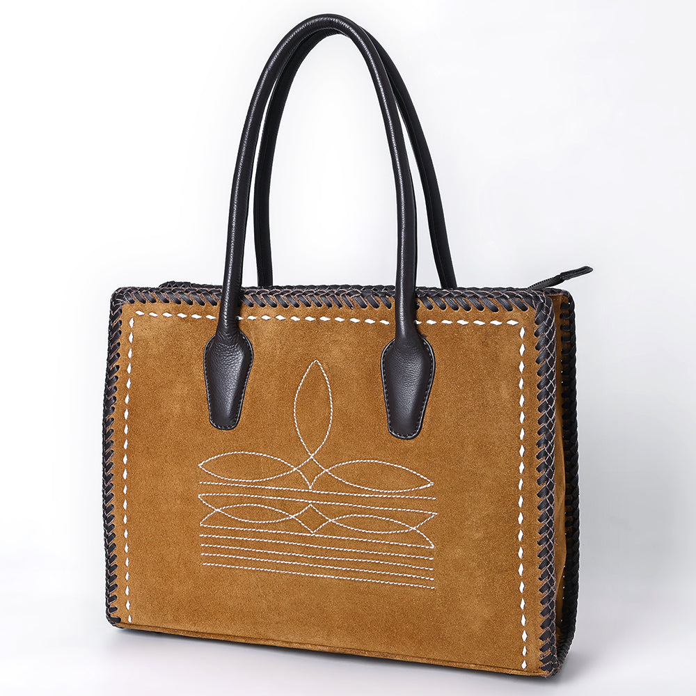 ADBGM484 Genuine suede Western Tote - White Stitch Detail with Braided Trim & Black Leather Handles
