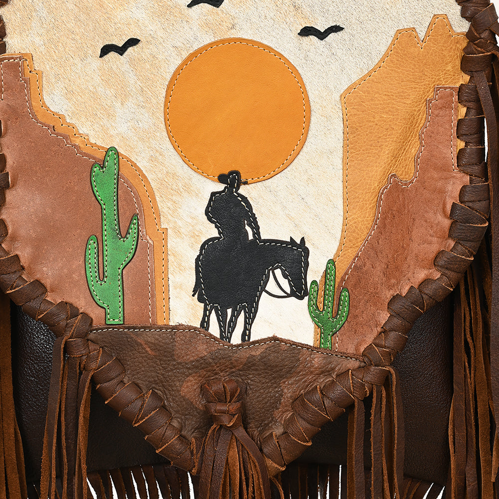 ADBGM540 Western Sunset Cowboy Fringe Messenger - Hair-On Leather Applique  Bag with Desert Scene