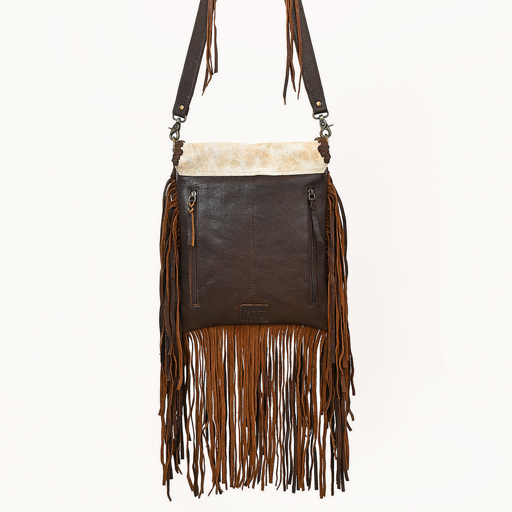 ADBGM540 Western Sunset Cowboy Fringe Messenger - Hair-On Leather Applique  Bag with Desert Scene