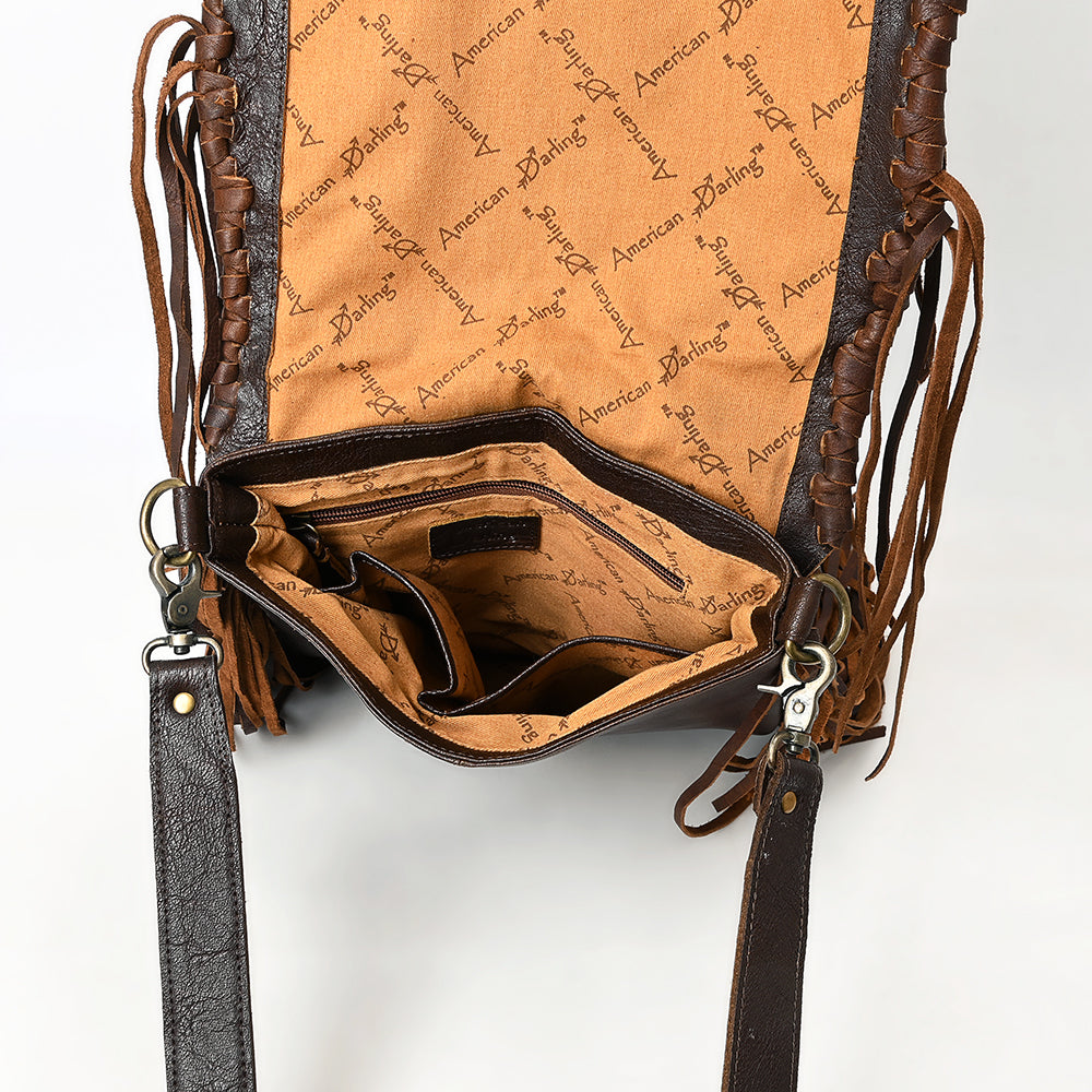 ADBGM540 Western Sunset Cowboy Fringe Messenger - Hair-On Leather Applique  Bag with Desert Scene