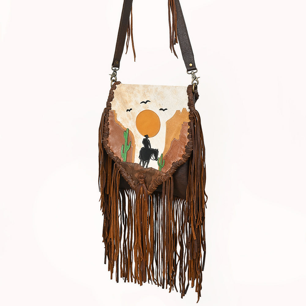 ADBGM540 Western Sunset Cowboy Fringe Messenger - Hair-On Leather Applique  Bag with Desert Scene