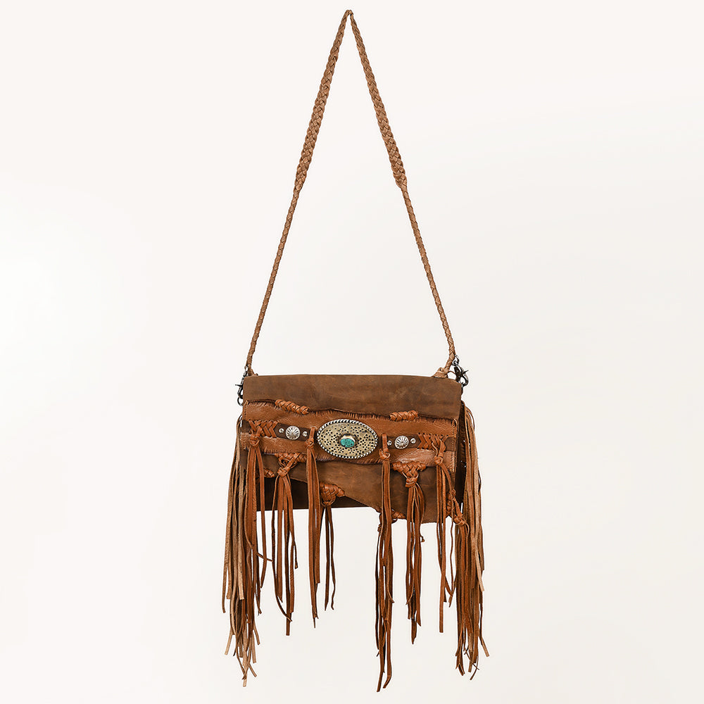 ADBGM541 Rustic Western Fringe Crossbody Bag - Braided Leather with Conchos & Turquoise Accent
