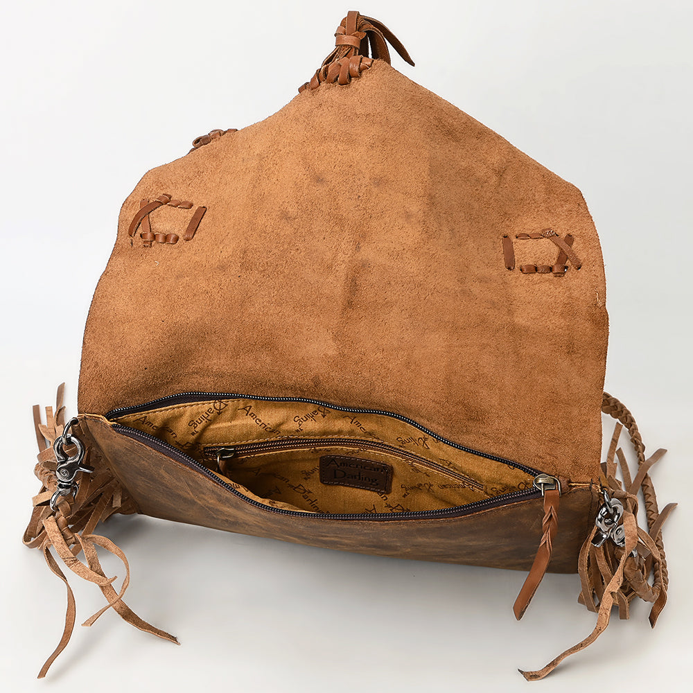 ADBGM541 Rustic Western Fringe Crossbody Bag - Braided Leather with Conchos & Turquoise Accent