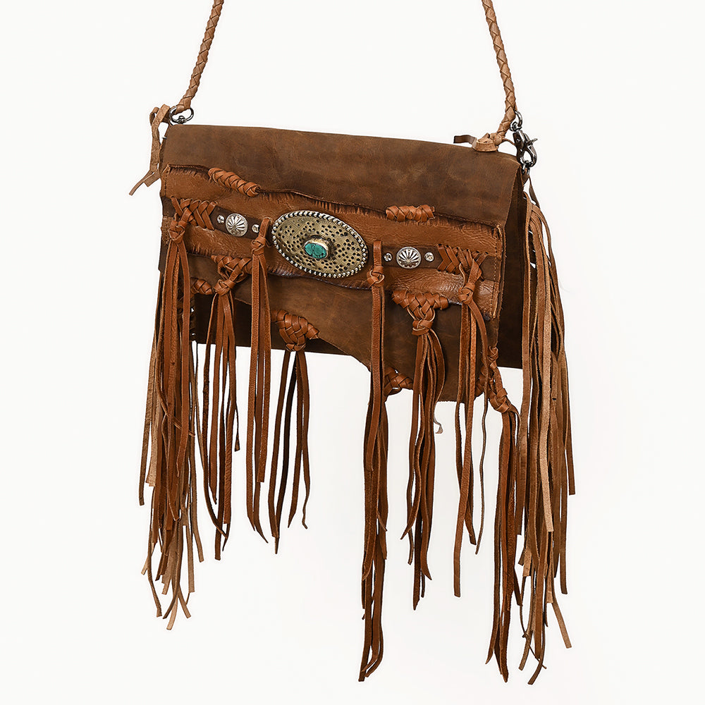 ADBGM541 Rustic Western Fringe Crossbody Bag - Braided Leather with Conchos & Turquoise Accent