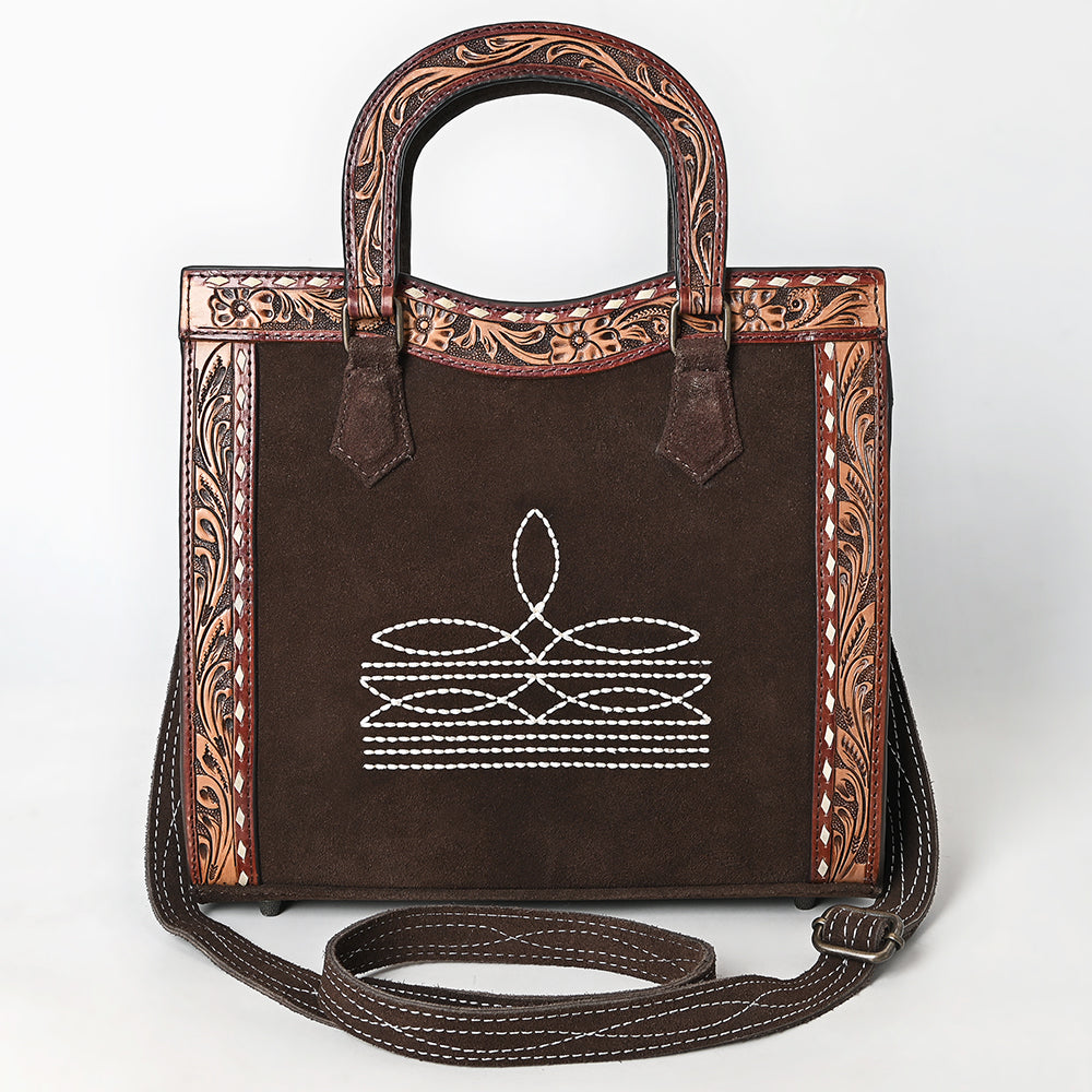 ADBG1642 Brown Genuine suede Tote Bag with Tooled Leather Trim, White Embroidery & Crossbody Strap