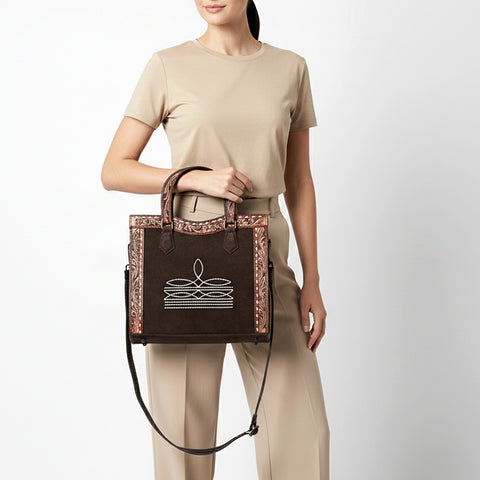 American Darling Western Leather Tote Bag with Hand-Tooled Accents and Genuine Suede Body