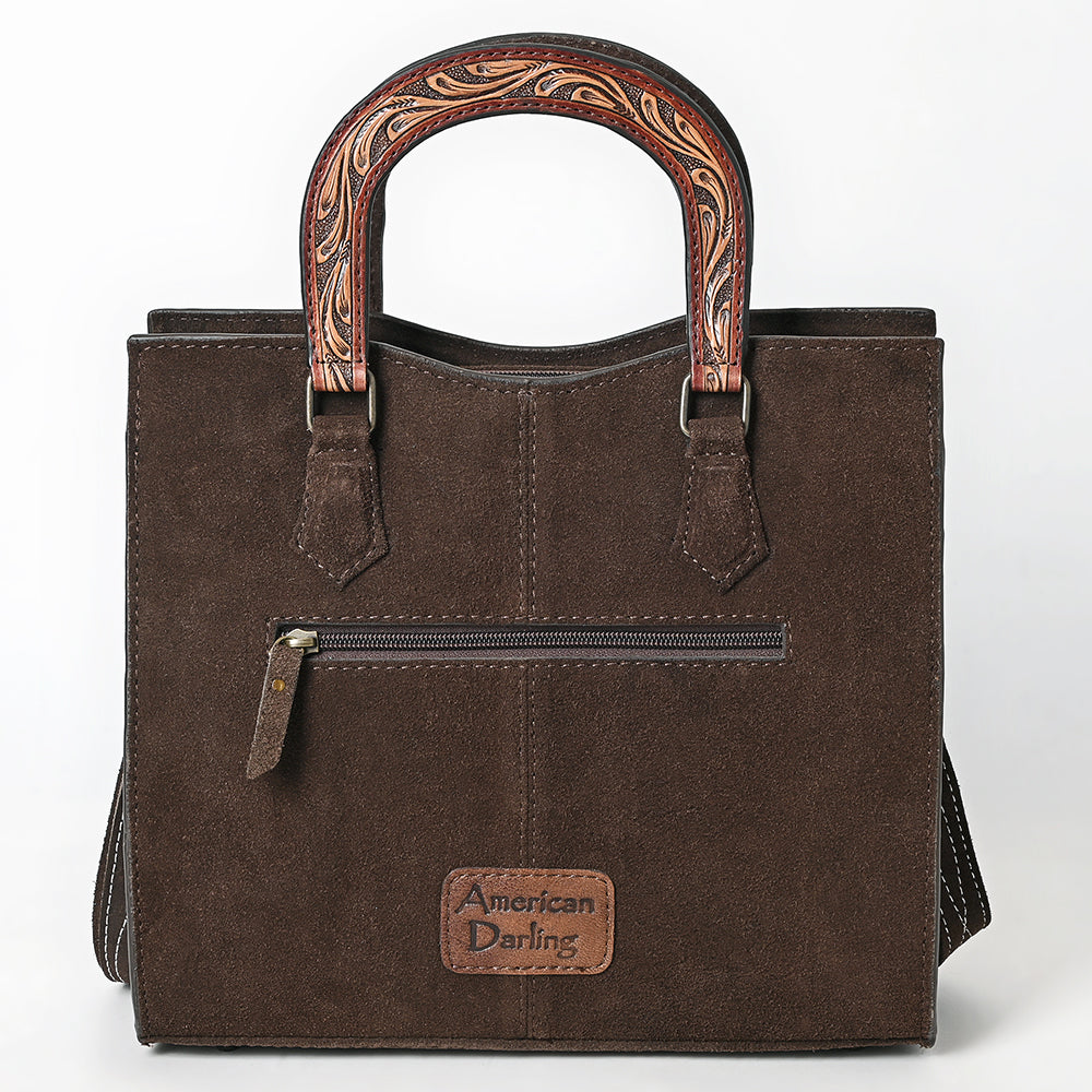ADBG1642 Brown Genuine suede Tote Bag with Tooled Leather Trim, White Embroidery & Crossbody Strap