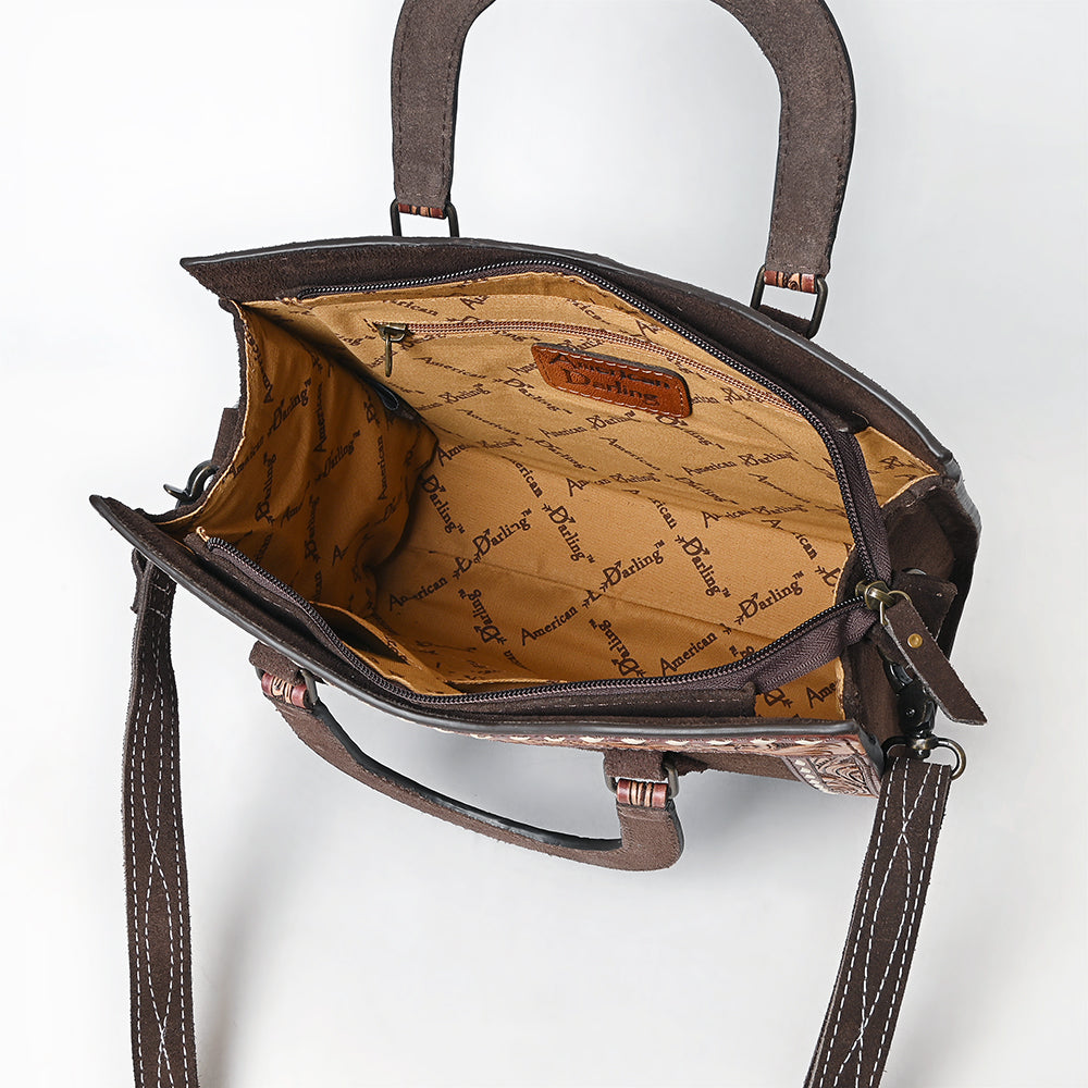 ADBG1642 Brown Genuine suede Tote Bag with Tooled Leather Trim, White Embroidery & Crossbody Strap